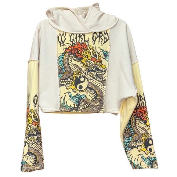Tops - NGOrder Yin Yang Dragon Panel Yellow Beige Crop Hoodie 12 Graphic Urban Casual